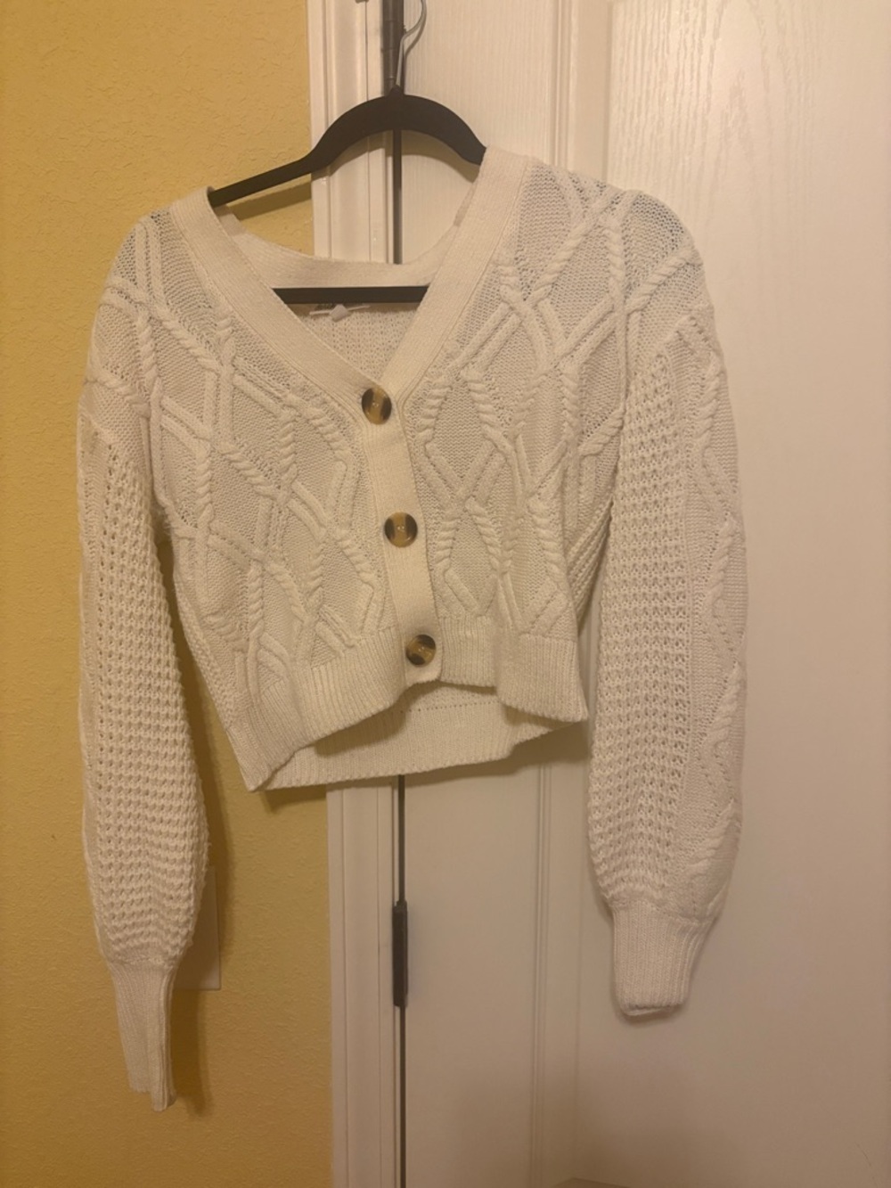 Cropped Cream Cable-Knit Button Cardigan Sweater